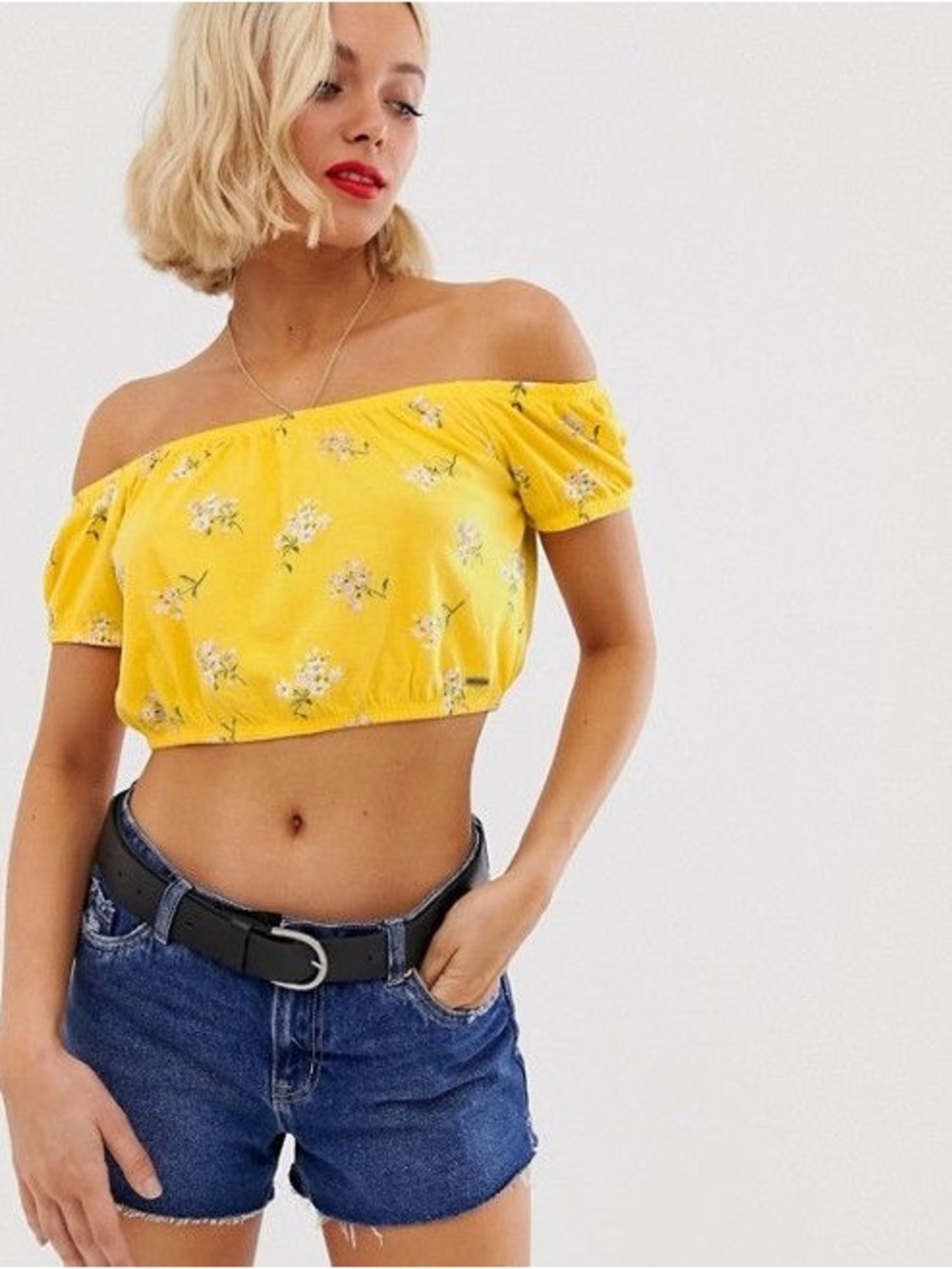 Hollister Yellow Floral Off Shoulder Crop Top Size Small
